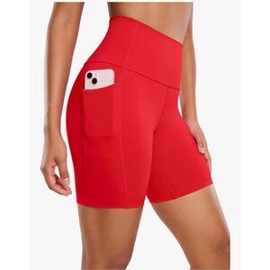 CRZ YOGA Women Red High Waist Biker Shorts Pocket Workout Athletic Sz M